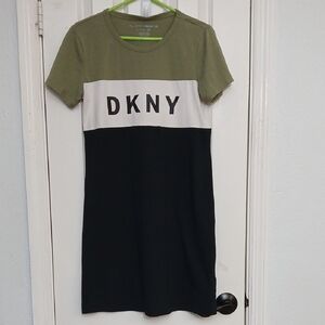DKNY Olive, Black, & White Colorblock Dress
